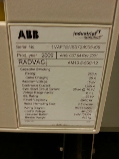 1200 Amp, ABB, RADVAC, 13.8 KV, 2009, VAC RETRO-FIT FOR AM13.8-500-12, 48 VDC:1