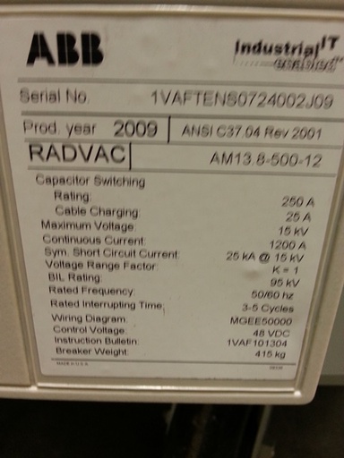 1200 Amp, ABB, RADVAC, 13.8 KV, 2009, VAC RETRO-FIT FOR AM13.8-500-12, 48 VDC:1