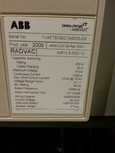 1200 Amp, ABB, RADVAC, 13.8 KV, 2009, VAC RETRO-FIT FOR AM13.8-500-12, 48 VDC:1