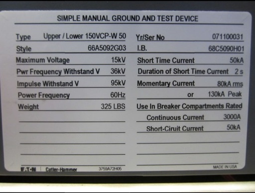 3000 Amp, CUTLER HAMMER, 150VCP-W50, 15 KV, 2007, G&T DEVICE, MANUALLY OPERATED