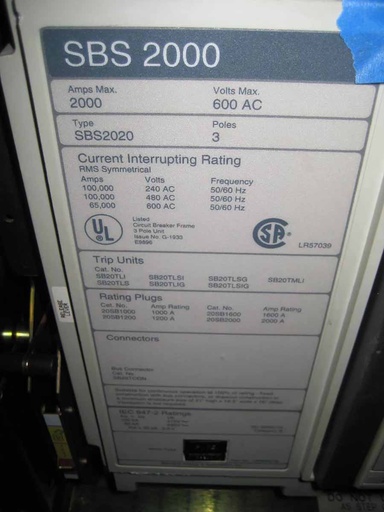 2000 Amp, SIEMENS, SBS2020, 480 V., ELECTRICALLY OPERATED, STATIONARY MNT, LSIG
