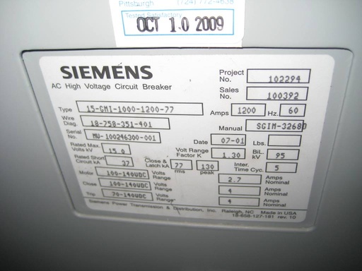 1200 Amp, SIEMENS, 15GMI-1000-1200-77,15 KV, 37 KA, 125 VDC MOT/CL/TR, MO/DO