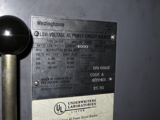 4000 Amp, WESTINGHOUSE, DS-840, 480 V., MO/DO, 85 KA, 120V UV, AMPTECTOR LSG