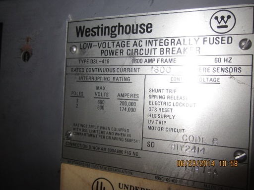 1600 Amp, WESTINGHOUSE, DSL-416, 480 V., FUSED, MO/DO, 1600A SENSORS, AMPTECTOR