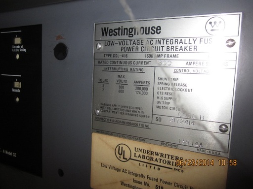 1600 Amp, WESTINGHOUSE, DSL-416, 480 V., FUSED, MO/DO, 1600A SENSORS, AMPTECTOR