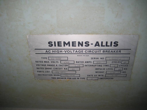 3000 Amp, SIEMENS, FA-350B, 4160 V., 41 KA EO/DO, 125 VDC CL/TR/MOT