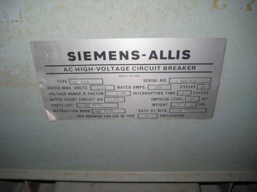 3000 Amp, SIEMENS, FA-350B, 4160 V., 1979, 41 KA EO/DO, 125 VDC CL/TR/MOT
