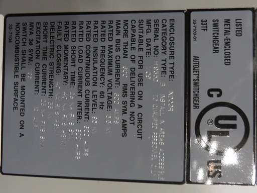 600 Amp, FEDERAL PACIFIC, No. AUTOJET TYPE B, 15000 V., 2009, INDOOR, FUSED:1