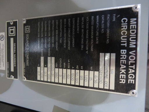 1200 Amp, SQUARE D, VR V5D6133Y000, 15 KV, '14, 750 MVA, 40 KA, 125 VDC CONTROLS