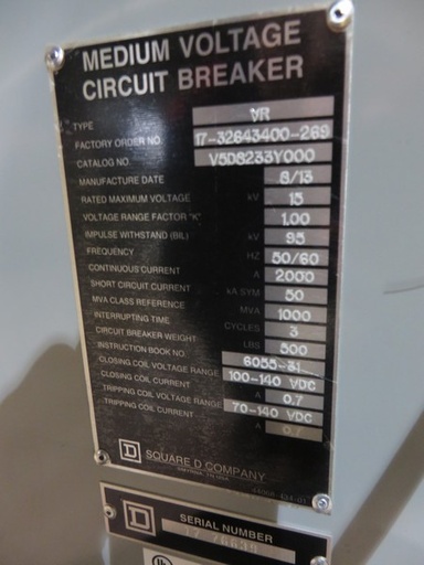 2000 Amp, SQUARE D, VR V5D8233Y000, 15 KV, 2013, 1000 MVA, 125 VDC CONTROLS, NEW