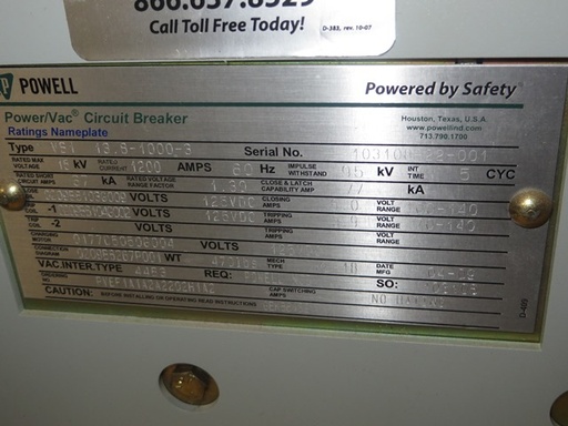 1200 Amp, GENERAL ELECTRIC, VB1-13.8-1000-3, 15 KV, 2009, 125 VDC, ML-18 MECH