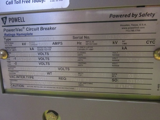 1200 Amp, GENERAL ELECTRIC, VB1-13.8-1000-3, 15 KV, 2009, 125 VDC, ML-18 MECH