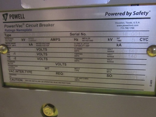 1200 Amp, GENERAL ELECTRIC, VB1-13.8-1000-3, 15 KV, 2009, 125 VDC, ML-18 MECH