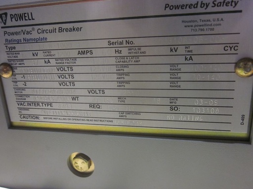 1200 Amp, GENERAL ELECTRIC, VB1-13.8-1000-3, 15 KV, 2009, 125 VDC, ML-18 MECH