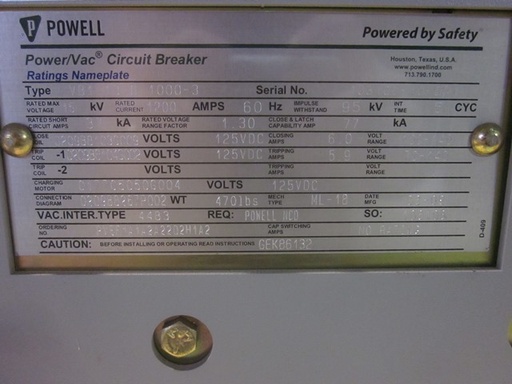 1200 Amp, GENERAL ELECTRIC, VB1-13.8-1000-3, 15 KV, 2009, 125 VDC, ML-18 MECH