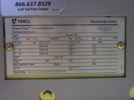 1200 Amp, GENERAL ELECTRIC, VB1-13.8-1000-3, 15 KV, 2009, 125 VDC, ML-18 MECH