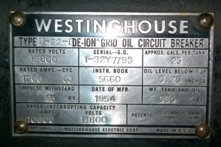 1200 Amp, WESTINGHOUSE, DE-ION GRID, B-22-B, 13.8 KV, INDOOR OIL BREAKER: 1