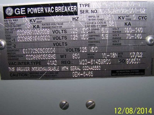 1200 Amp, GE, PV-VL-13.8-750-3, 15 KV, 2002, 125 VDC CLOSE & TRIP, HIGH BOY:1