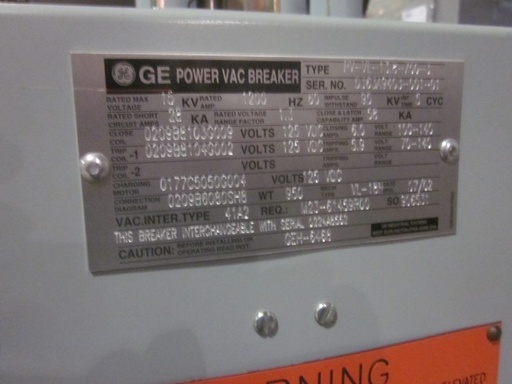 1200 Amp, GE, PV-VL-13.8-750-3, 15 KV, 2002, 125 VDC CLOSE & TRIP, HIGH BOY:1