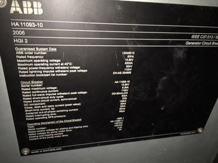 6300 Amp, ABB, HGI 2, 15.8 KV, INDOOR, GENERATOR BREAKER, SF6