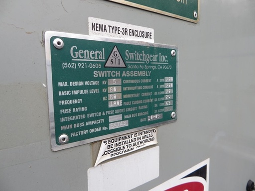 200 Amp, GENERAL SWITCHGEAR INC, No. GSI, 5000 V., 2009, FUSED, OUTDOOR:1