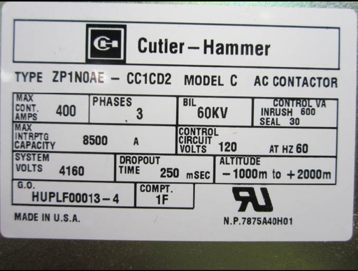 400 Amp, 4160 Volt, CUTLER HAMMER, ZP1N0AE, AIR CONTACTOR, DRAW-OUT:1