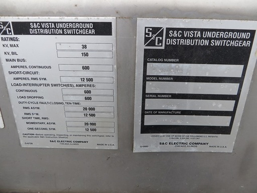 600 Amp, S & C, No. VISTA 210, 38000 V., UNDERGROUND DISTRIBUTION S/G