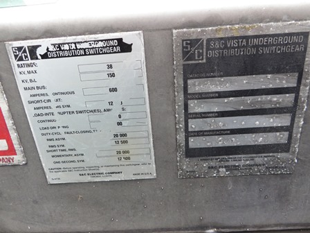 600 Amp, S & C, No. VISTA 210, 38000 V., UNDERGROUND DISTRIBUTION S/G