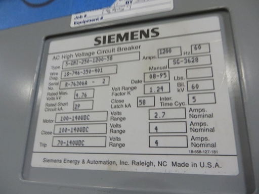1200 Amp, SIEMENS, 5GMI-250-1200-58, 5000 V., 125 VDC MOTOR/CLOSE/TRIP