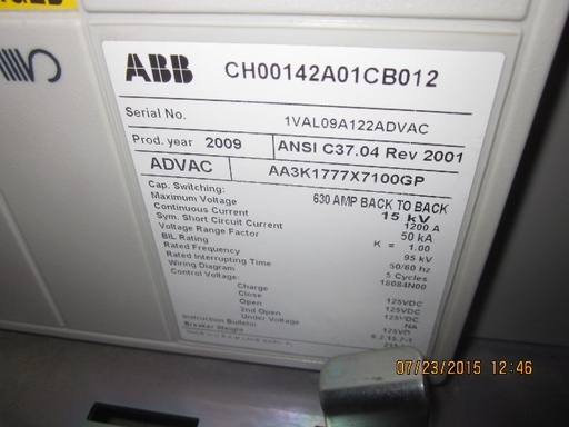 1200 Amp, ABB, ADVAC, 15 KV, 125 CLOSE & TRIP, UNUSED:1