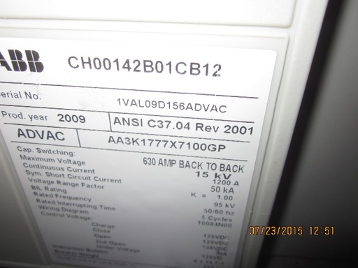 1200 Amp, ABB, ADVAC, 15 KV, 125 CLOSE & TRIP, UNUSED:1