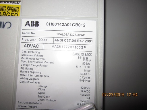 1200 Amp, ABB, ADVAC, 15 KV, 125 CLOSE & TRIP, UNUSED:1