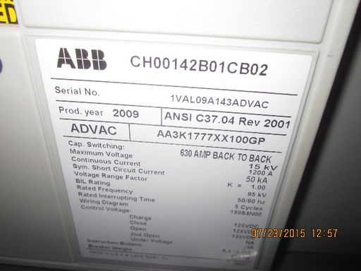 1200 Amp, ABB, ADVAC, 15 KV, 125 CLOSE & TRIP, UNUSED:1