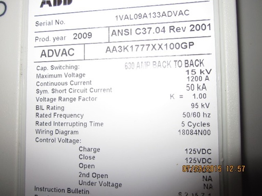 1200 Amp, ABB, ADVAC, 15 KV, 125 CLOSE & TRIP, UNUSED:1