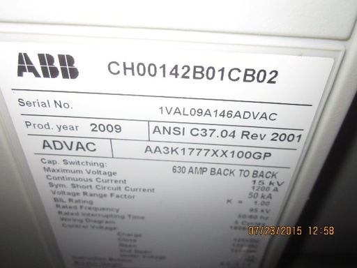 1200 Amp, ABB, ADVAC, 15 KV, 125 CLOSE & TRIP, UNUSED:1
