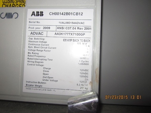 1200 Amp, ABB, ADVAC, 15 KV, 125 CLOSE & TRIP, UNUSED:1
