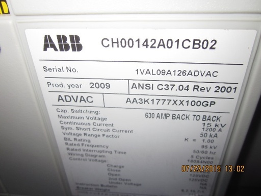 1200 Amp, ABB, ADVAC, 15 KV, 125 CLOSE & TRIP, UNUSED:1