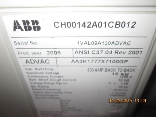 1200 Amp, ABB, ADVAC, 15 KV, 125 CLOSE & TRIP, UNUSED:1