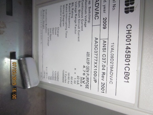 3000 Amp, ABB, ADVAC, 4160 V., 2009, ELECTRICALLY OPERATED, UNUSED:1