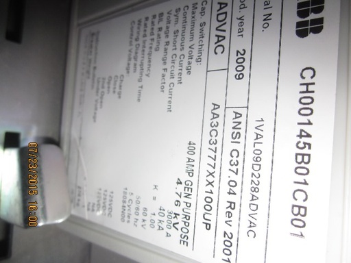 3000 Amp, ABB, ADVAC, 4160 V., 2009, ELECTRICALLY OPERATED, UNUSED:1