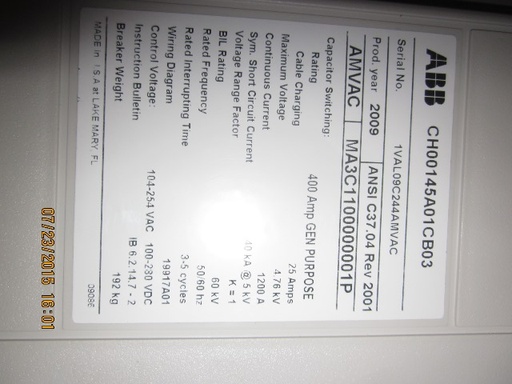 1200 Amp, ABB, AMVAC, 4160 V., 2009, ELECTRICALLY OPERATED, UNUSED:1