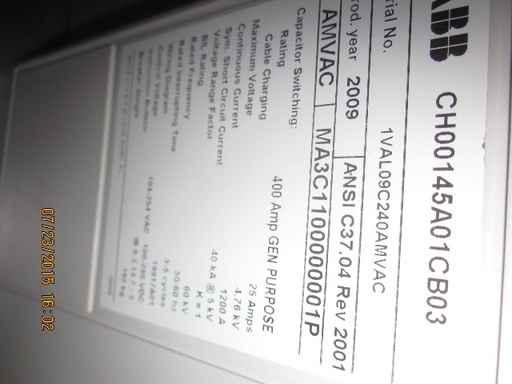 1200 Amp, ABB, AMVAC, 4160 V., 2009, ELECTRICALLY OPERATED, UNUSED:1