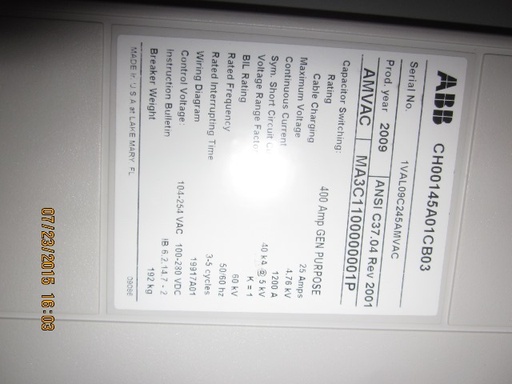 1200 Amp, ABB, AMVAC, 4160 V., 2009, ELECTRICALLY OPERATED, UNUSED:1