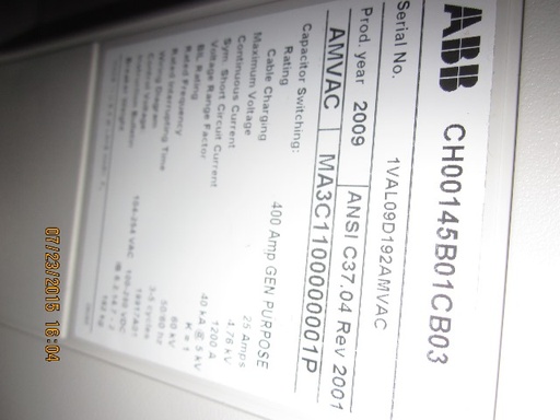 1200 Amp, ABB, AMVAC, 4160 V., 2009, ELECTRICALLY OPERATED, UNUSED:1