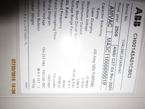 1200 Amp, ABB, AMVAC, 4160 V., 2009, ELECTRICALLY OPERATED, UNUSED:1