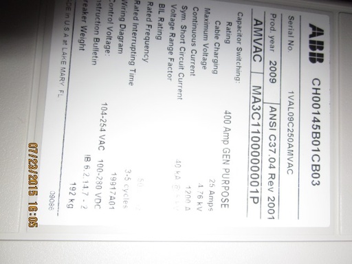 1200 Amp, ABB, AMVAC, 4160 V., 2009, ELECTRICALLY OPERATED, UNUSED:1