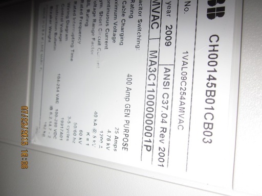 1200 Amp, ABB, AMVAC, 4160 V., 2009, ELECTRICALLY OPERATED, UNUSED:1
