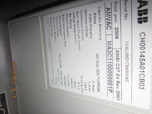 1200 Amp, ABB, AMVAC, 4160 V., 2009, ELECTRICALLY OPERATED, UNUSED:1