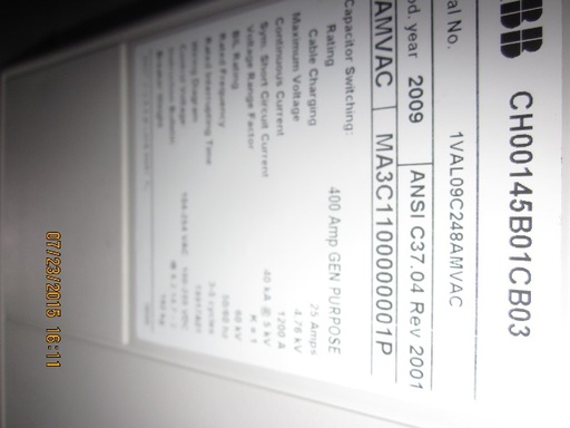 1200 Amp, ABB, AMVAC, 4160 V., 2009, ELECTRICALLY OPERATED, UNUSED:1