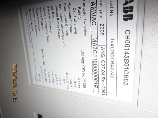 1200 Amp, ABB, AMVAC, 4160 V., 2009, ELECTRICALLY OPERATED, UNUSED:1